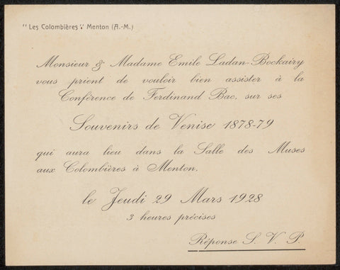 Invitation to Philip Zilcken, Mr. and Mrs. Ladan-Bockairy, before 1928 Canvas Print