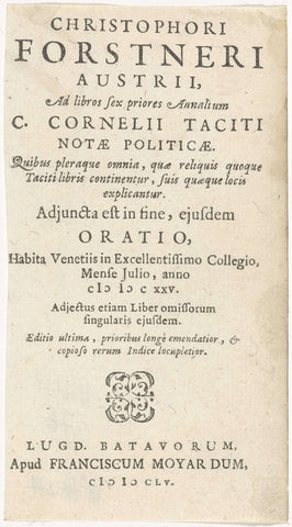 Title page for: C. Forstner, C. Cornelii Taciti, notæ politicæ, 1655, anonymous, 1655 Canvas Print