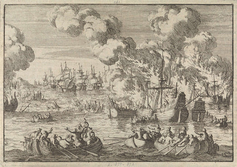 Dutch merchant fleet is destroyed in the Vlie by English burners, 1666, Jan Luyken, 1698 Canvas Print