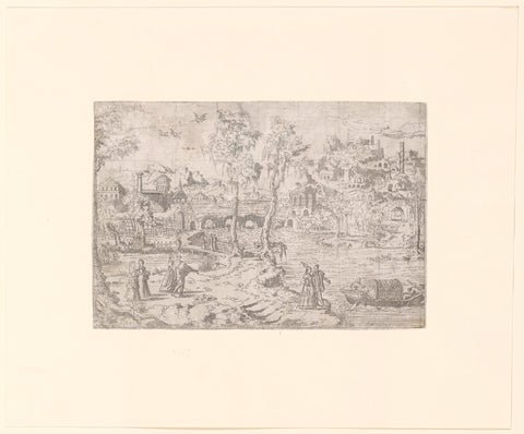 Courtiers walking through a river landscape with ruins and a gondola, Léon Davent, 1540 - 1556 Canvas Print