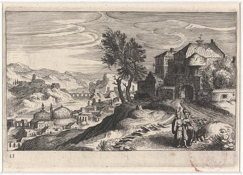 River valley with buildings, Simon Frisius, 1611 Canvas Print