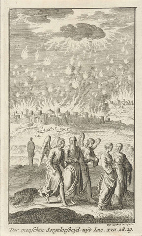 Lot and his daughters leave the burning Sodom, Jan Luyken, 1727 - 1729 Canvas Print