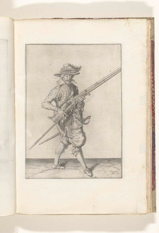 Soldier holding his musket with his left hand pointed upwards at an angle, while pulling his furket out from under the barrel (no. 13), ca. 1600, Jacob de Gheyn (II) (workshop or), 1608 Canvas Print