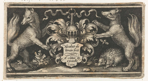 Coat of arms with helmet held by two foxes, Nicolaes de Bruyn, 1594 Canvas Print