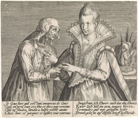 Old woman hands letter to young woman, Crispijn van de Passe (I), 1574 - 1637 Canvas Print