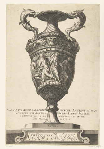 Vase with two ears in the shape of fish that stand on a claw, Aegidius Sadeler, 1580 - 1605 Canvas Print