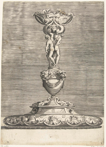 Candlestick on a foot, decorated with mascarons and fishing above, anonymous, 1552 Canvas Print