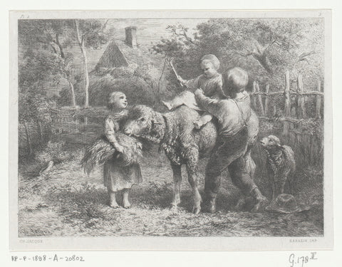 Child learns to ride a sheep, Charles Emile Jacque, 1864 Canvas Print