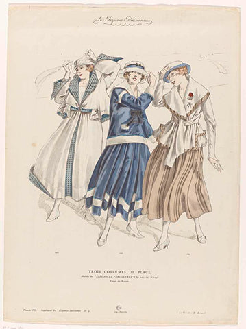 Les Élégances Parisiennes, ca. 1916, Supplément No 4, Pl. VI en VII, fig. 242 t/m 249 : TROIS COSTUMES DE PLAG (...), anonymous, c. 1916 Canvas Print