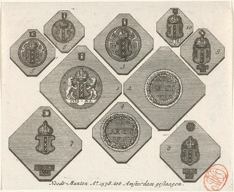 Ten emergency coins from Amsterdam, 1578, anonymous, 1700 - 1799 Canvas Print