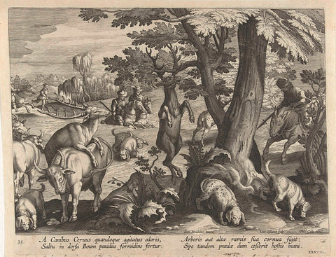 Deer hunting with dogs, Jan Collaert (II), after 1596 - 1628 Canvas Print