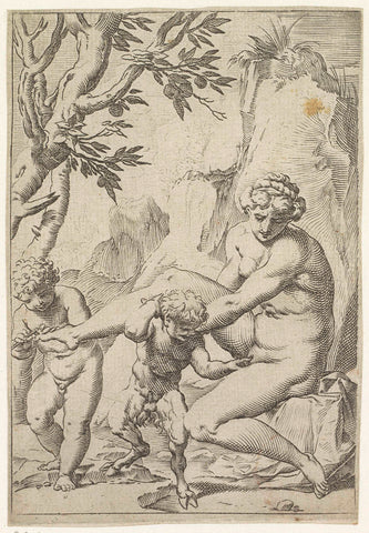 Nymph, putto and young sater, Agostino Carracci, c. 1590 - c. 1595 Canvas Print