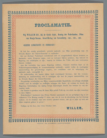 Proclamation of King William III on dissolution of the House of Representatives, William III (King of the Netherlands), 1866 Canvas Print