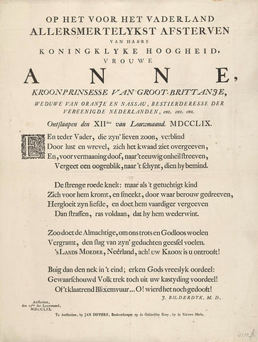 Gedicht op het overlijden van prinses Anna, 1759, Izaak Bilderdijk, 1759 Canvas Print