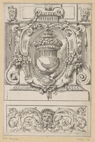 Ornamental vase in oval wall niche, on a frieze with mask and arabesques, Agostino Mitelli, 1636 Canvas Print