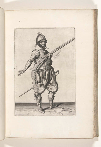 Soldier on guard holding his rudder with his left hand at his right side facing upwards, his right hand extended (no. 37), c. 1600, Jacob de Gheyn (II) (workshop of), 1597 - 1607 Canvas Print