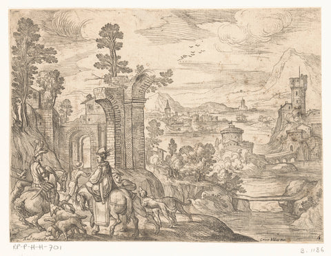 Landscape with hunting party on horseback, Antonio Tempesta, 1593 - 1619 Canvas Print