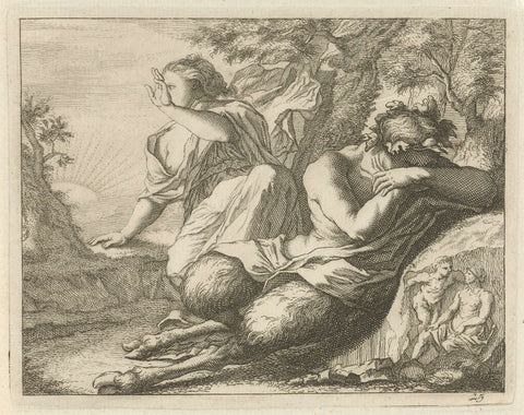 Satyr and female figure cover the eyes from sunlight, Arnold Houbraken, 1700 - 1750 Canvas Print