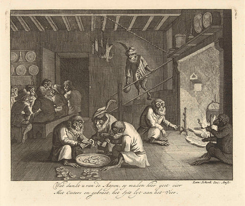 Monkeys eat oysters in an inn, Leonard Schenk (possibly), 1720 Canvas Print