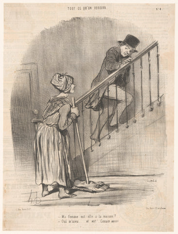 Man asks cleaning lady if his wife is at home, Honoré Daumier, 1847 Canvas Print