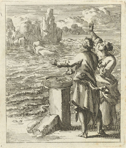 Man and woman view a compass on the coast, Jan Luyken, 1689 Canvas Print