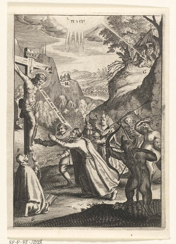 Emblem with men who resort to the Christian faith and turn away from sin, the devil and death, Boetius Adamsz. Bolswert, 1649 Canvas Print