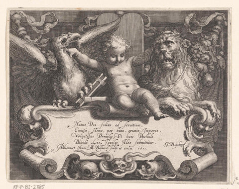 Title print with child between tamed lion and bird of prey on top of shield with verse, Boëtius Adamsz. Bolswert, 1611 Canvas Print