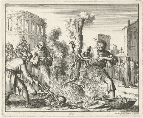 Remains of Arnoldus are detached from the fire task in Rome, Jan Luyken, 1685 Canvas Print