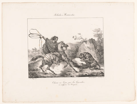 Paraguayan hunter on horseback throws a lasso after a jaguar, Jacques Etienne Victor Arago, 1822 Canvas Print