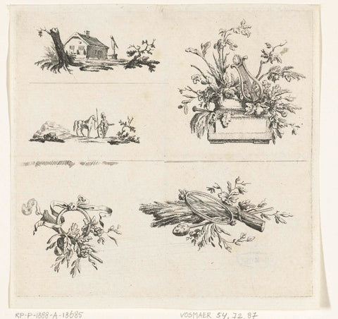 Sheet with five vignettes, Willem Bilderdijk, 1766 - 1785 Canvas Print