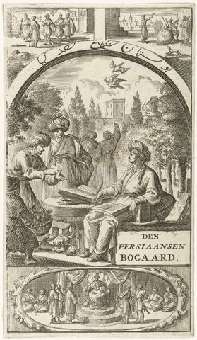 Writing man in a garden looks up to listen to what two men have to tell him, Jan Luyken, 1688 Canvas Print