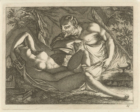 Sleeping Nymph Peeped by a Satyr, Arnold Houbraken, 1700 - 1750 Canvas Print