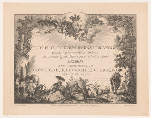 Title print with figures and animals in a landscape, with the portrait of Philips Wouwerman, Jean Moyreau, 1737 Canvas Print