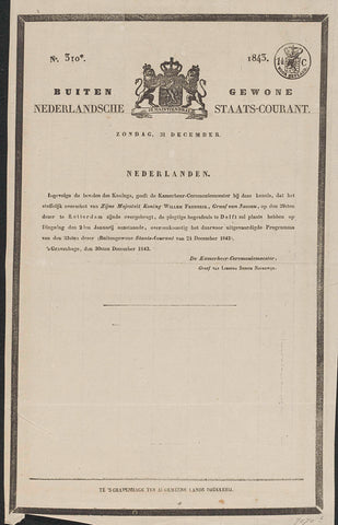 Extraordinary Nederlandsche Staats-Courant. Sunday, December 31. No. 310*. 1843, Algemeene Landsdrukkerij, 1843 Canvas Print