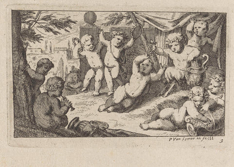 Putti spelend onder een baldakijn, Paul van Somer (II), 1670 - 1697 Canvas Print