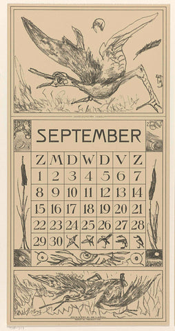 Calendar sheet September with tipsy bird, Theo van Hoytema, 1917 Canvas Print