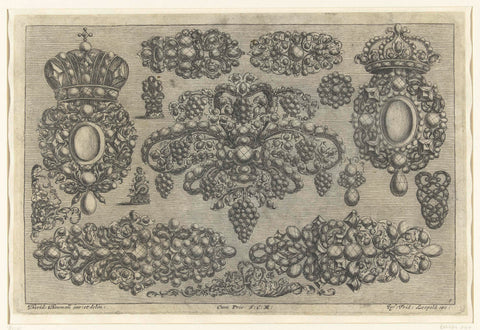 Thirteen designs for jewellery and a leaf vine, Joseph Friedrich Leopold, 1695 Canvas Print