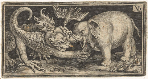 Elephant in battle with fantasy creatures, Nicolaes de Bruyn, 1594 Canvas Print