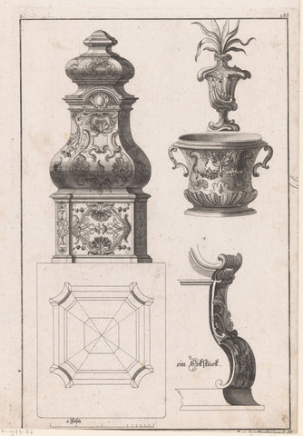 Stove, vase, pot and corner piece, Johann Rumpp, 1712 - 1755 Canvas Print