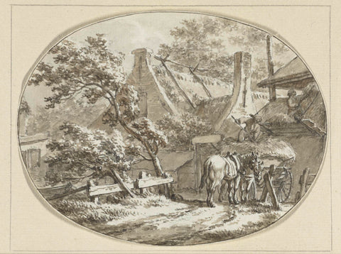 Farmhouse with countrymen at hay wagon and haystack, Jacob Cats (1741-1799), 1788 Canvas Print