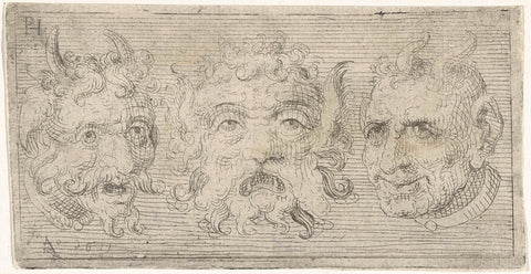 Three masks, two of which with horns, Pieter Feddes van Harlingen, 1611 Canvas Print