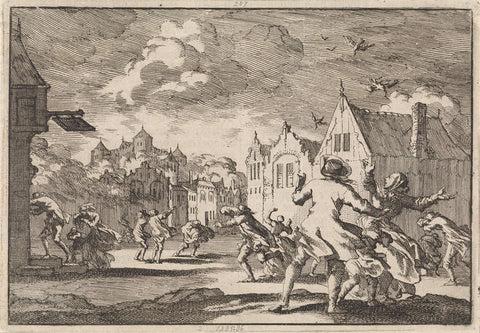 Residents of a village near Luchow Castle in Lüneburg are overtaken by a whirlwind in which the birds fall dead from the sky, 1671, Jan Luyken, 1698 Canvas Print