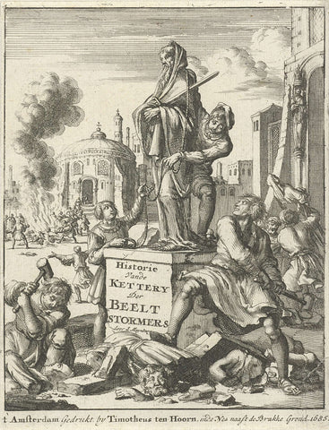 Four men try to overthrow a statue of saints, Jan Luyken, 1685 Canvas Print