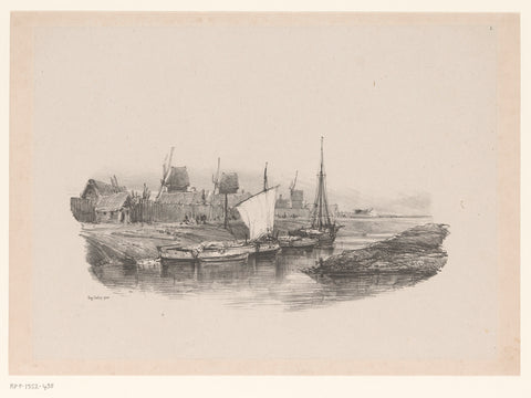 Harbour with boats and windmills, Eugène Isabey, 1832 Canvas Print