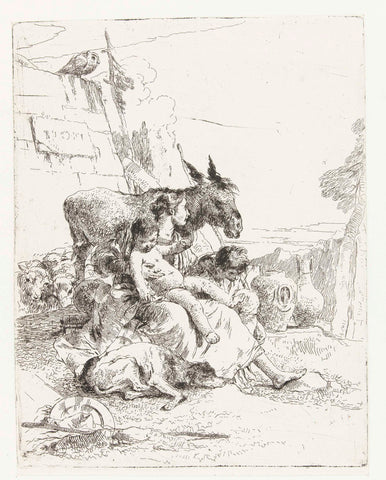 Mother with two children in donkey and sheep, Giovanni Battista Tiepolo, in or before c. 1750 Canvas Print