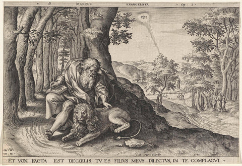 Landscape with evangelist Marcus, Johannes Wierix, 1580 Canvas Print