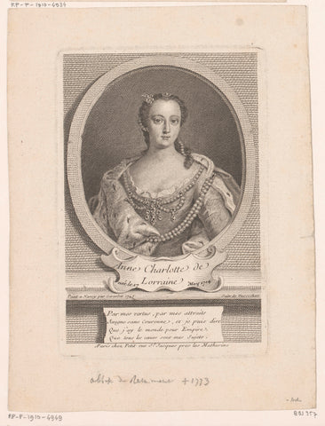 Portrait of Anne Charlotte de Lorraine, Etienne Desrochers, c. 1726 Canvas Print