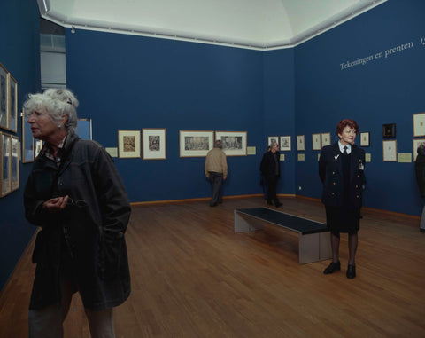 Room with drawings and prints, visitors and an usher standing next to a bench, c. 2003 Canvas Print