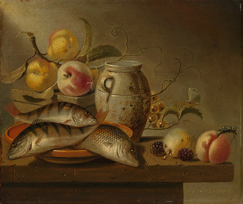 Still Life with Earthenware Jar, Fish and Fruit, Harmen Steenwijck, 1652 Canvas Print