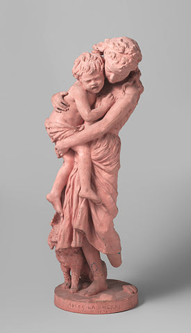 Sculpture of pink terracotta: young woman with half-gnawed, screaming child on her arm and a dog at her feet. On round pedestal., Jean Baptiste Carpeaux, 1874 Canvas Print